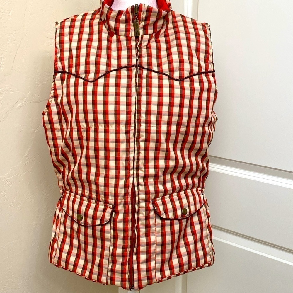 Adiktd Red/Plaid Reversible quilted Vest Women’s L pockets Snaps Festive Winter